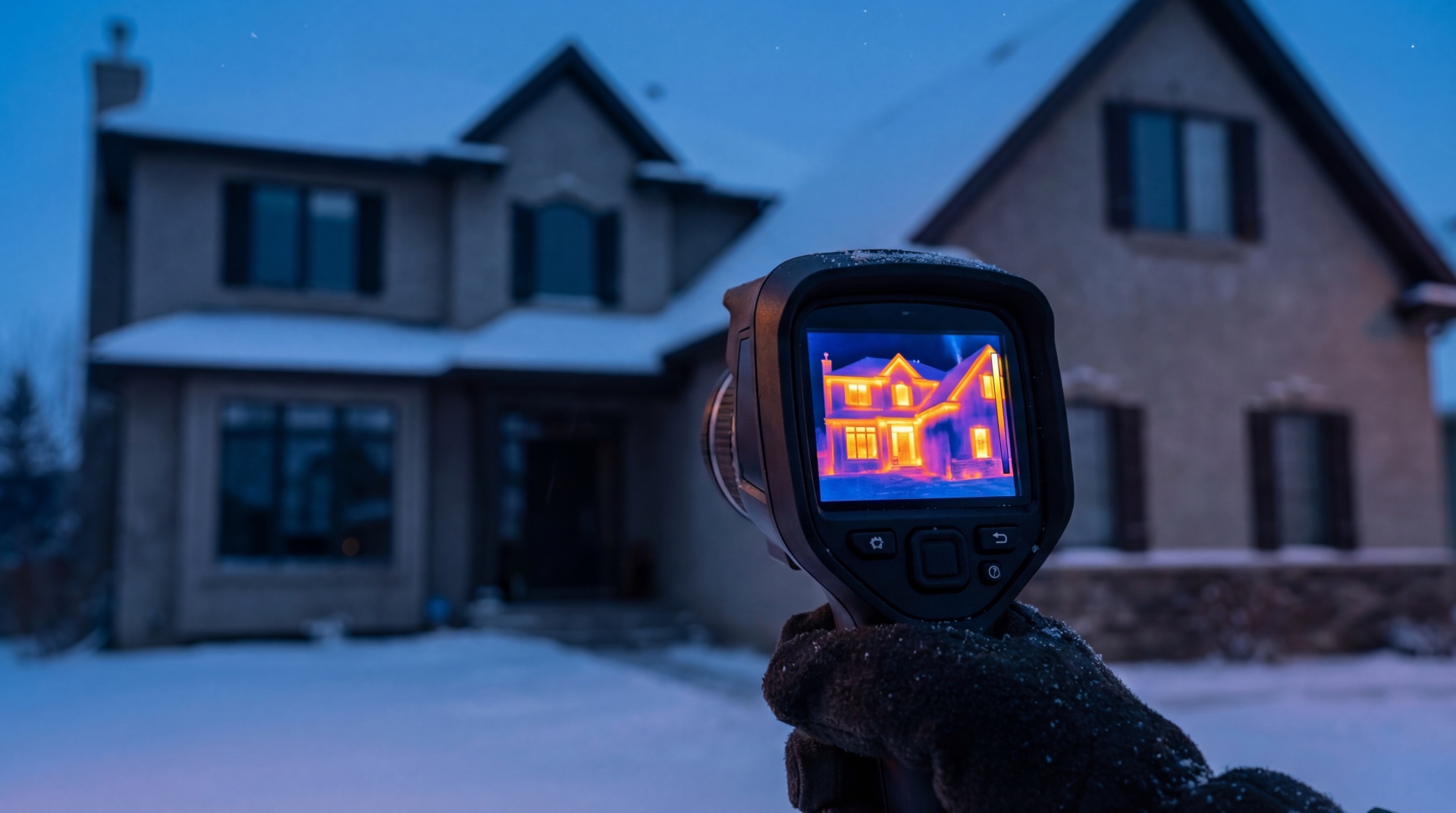 Diagnostic thermique immobilier, caméra infrarouge face à une maison enneigée