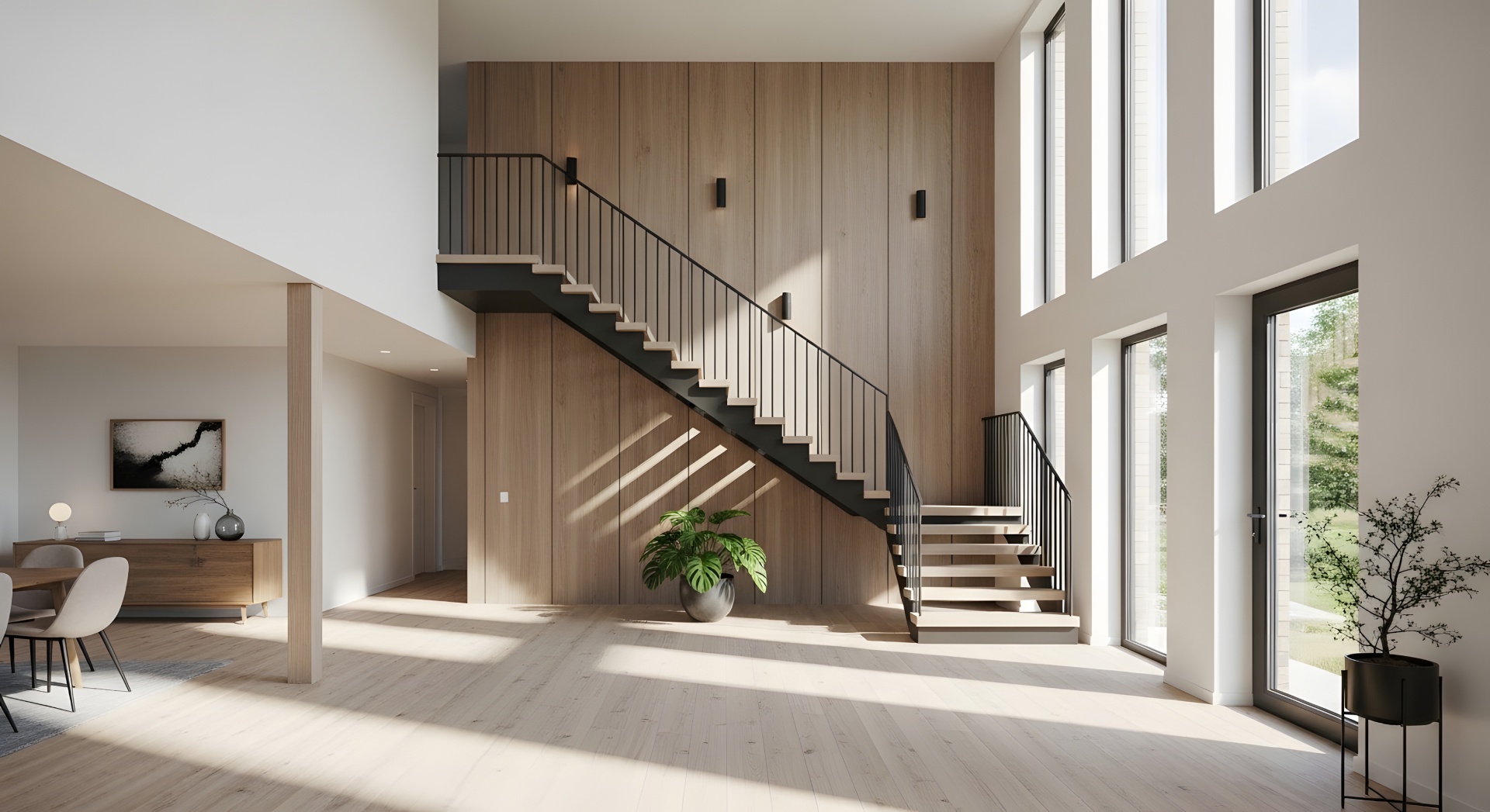 Intérieur contemporain à double hauteur, escalier bois et poutres apparentes