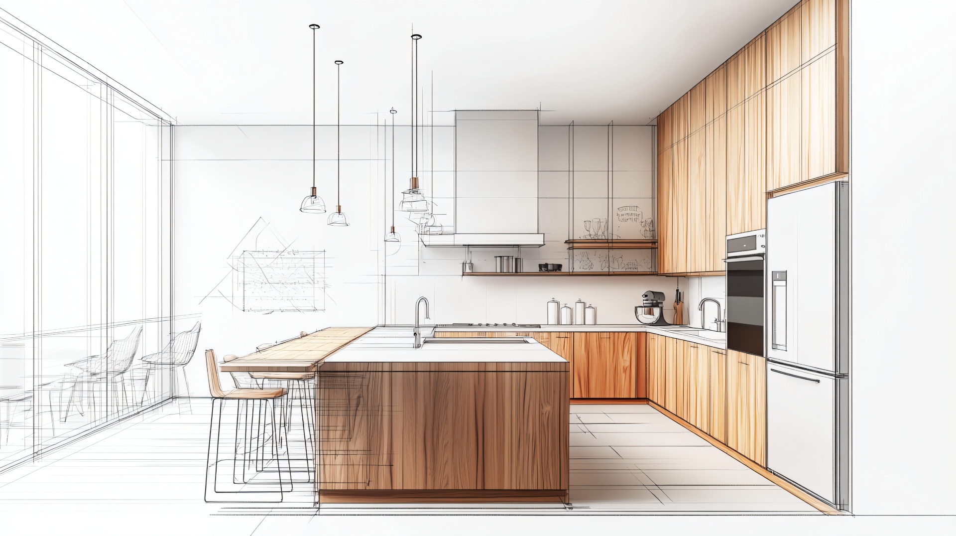 Cuisine OUI DESIGN, croquis d'architecture fusionné avec rendu 3D réaliste