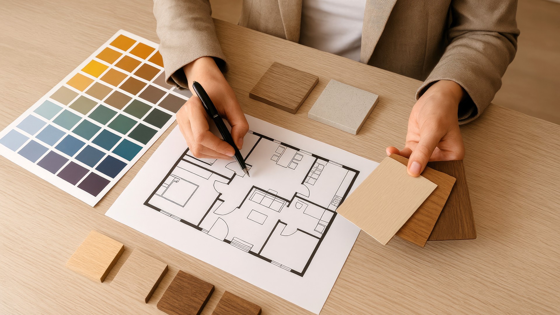 Plan d'étage et échantillons bois et couleurs sur un bureau de conception