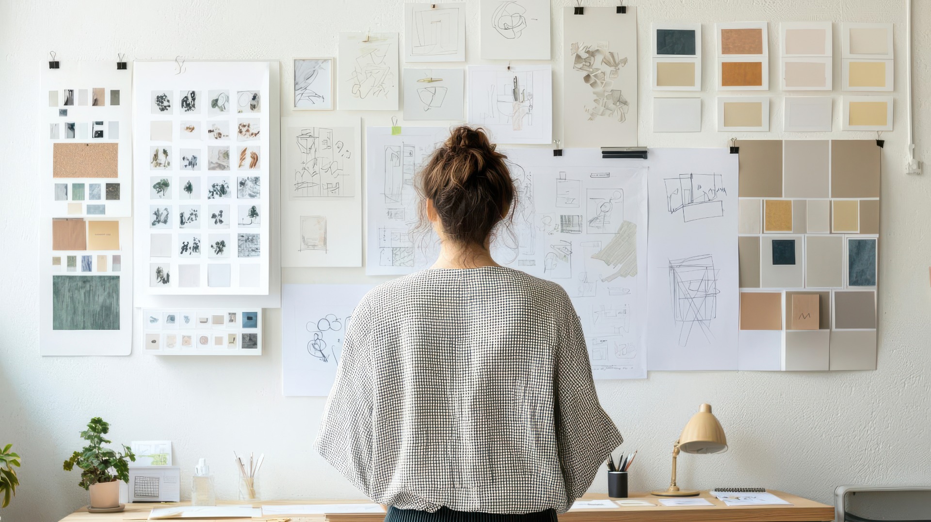 Designer devant un mur d'inspiration avec croquis, palettes et échantillons