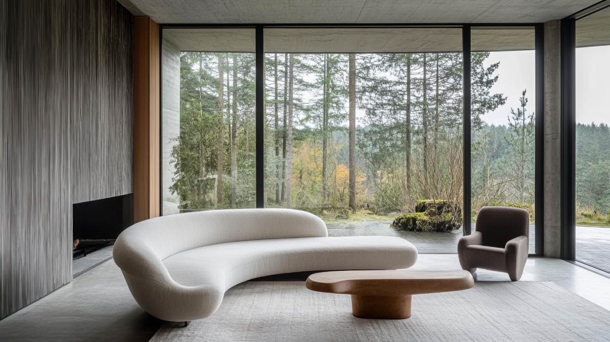 Salon contemporain avec canapé courbe et baies vitrées ouvrant sur la forêt